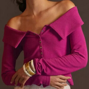 Anthropologie Maeve Off-The-Shoulder Buttondown Top fuchsia large